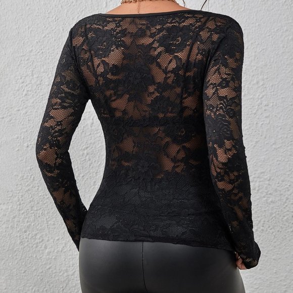 Black Casual Womens Floral Lace Scallop Trim Top - Picture 2 of 5